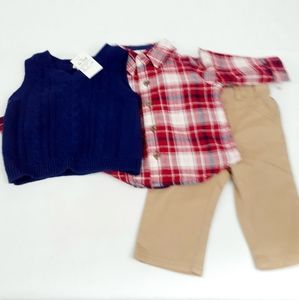 Cat & Jack Infant Boys 3PC Dress Up Blue Vest, Khaki Pants & Plaid Shirt Sz 0-3M
